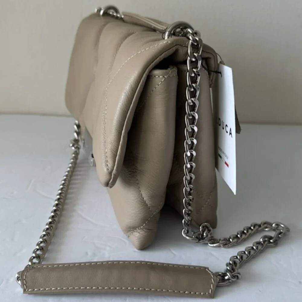 Il Duca Itlay Genuine Leather Quilted Convert Flap Handbag Taupe